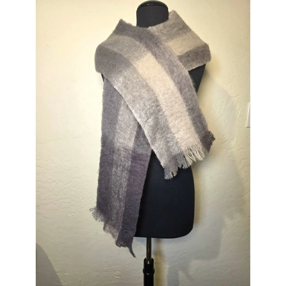 cape  Mohair scarf Gray/Ivory Striped Mohair Wool Knit Fringe Rectangle